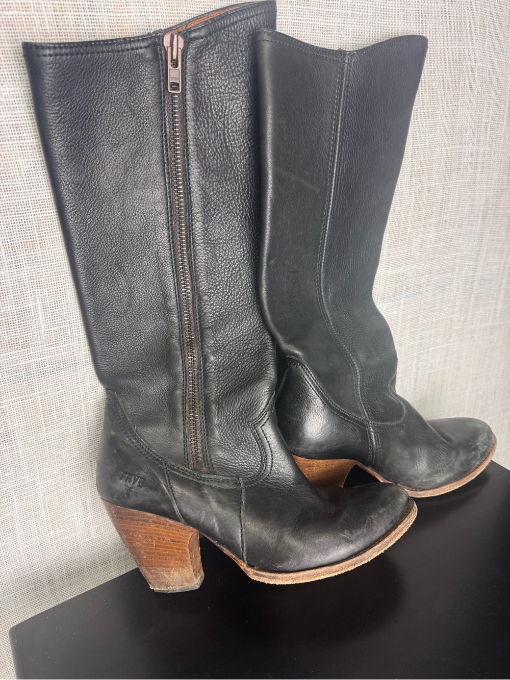 Frye Black Leather Mid-Calf Heeled Zip Boots